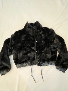 Plush Black Large Faux Fur Teddy Crop Jacket with Drawcord Hem